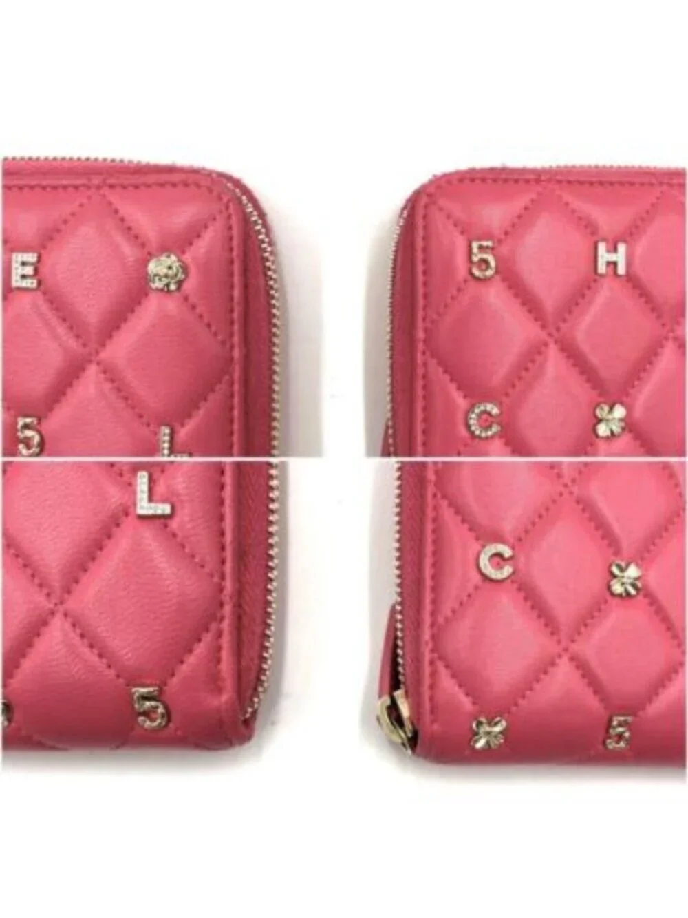 Chanel Pink Lambskin Rhinestone Quilted Long Wallet Lucky Charm Camellia